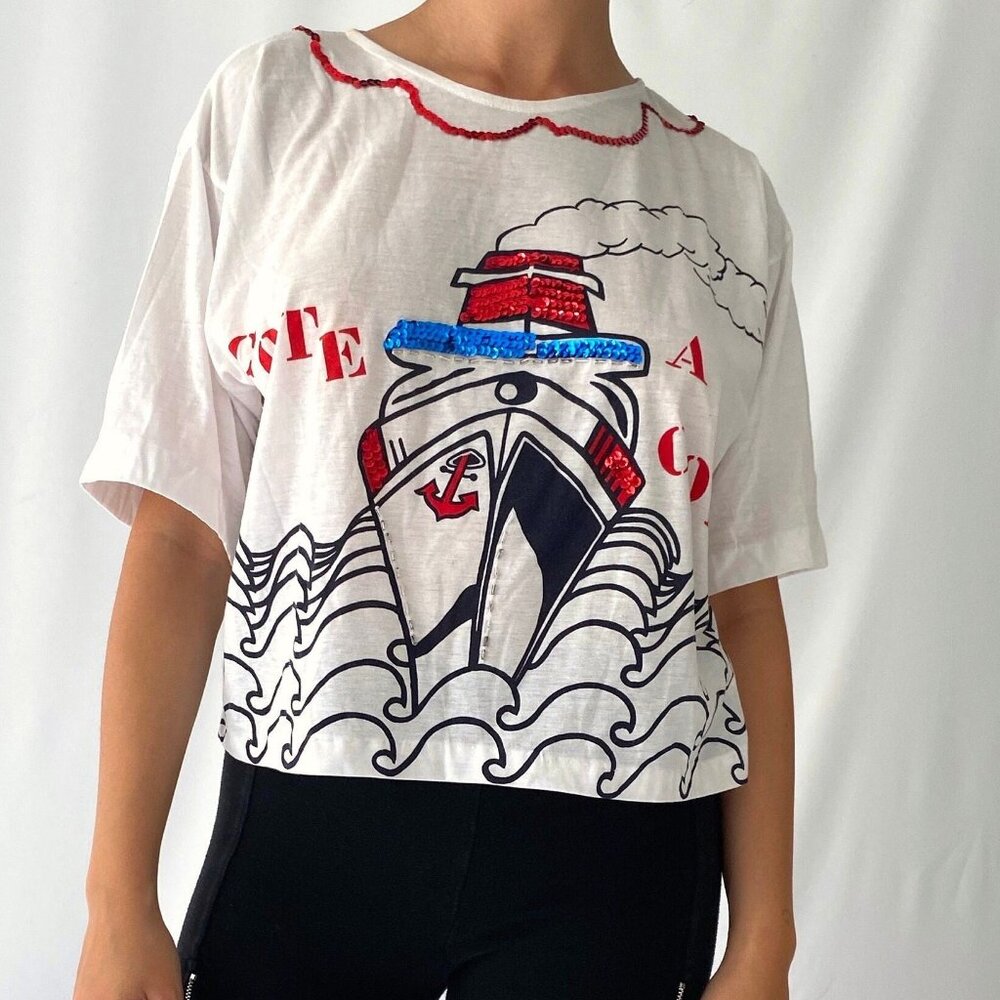 90s vintage novelty nautical sailing sequins cropped cotton tee shirt crop top